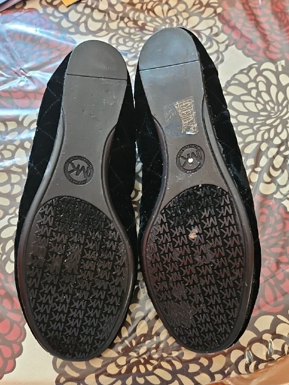 MICHAEL KORS Black Velvet Quilted Ballet Flats with Gold MK Medallion